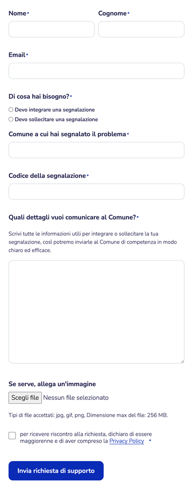 Form per integrare o sollecitare una segnalazione