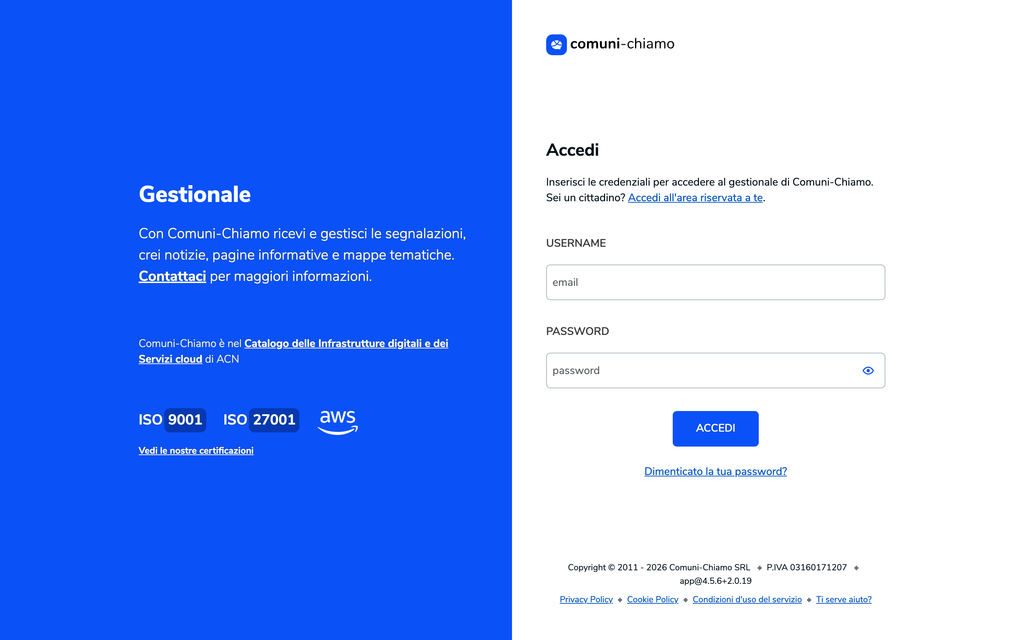 Pagina di accesso al gestionale